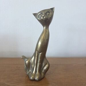Vintage MCM Long Necked Sitting Brass Cat Statue Figurine 7" Tall Etched Details